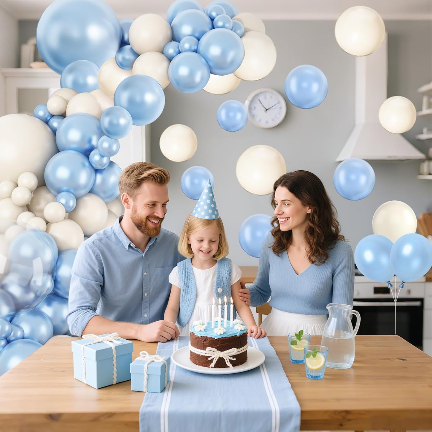 Pearl Blue White Balloon Arch Kit, Double Stuffed Light Blue Sand White Balloon Garland Different Sizes 18/12/10/5 Inch Pearl Balloons for Baby Shower Birthday Wedding Bridal Shower Party Decor