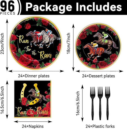 OBUSATT 96PCS Run for The Roses Party Supplies Horse Racing Paper Disposable Plates Napkins Forks Derby Party Decorations Dinnerware Set for Horse Theme Birthday Favor Tableware Serves 24