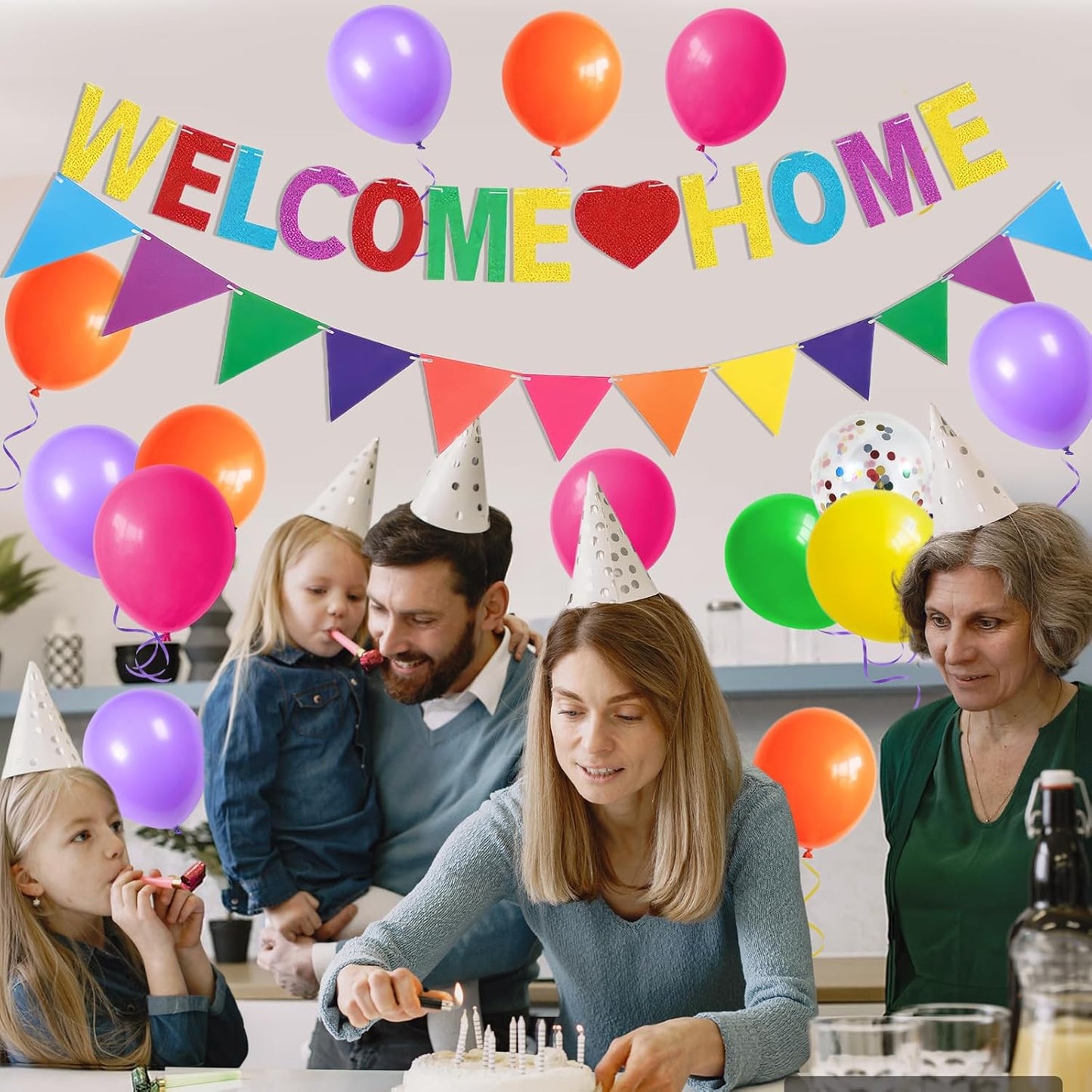 Welcome Home Decorations,Color Welcome Home Balloons Banners Set,Rainbow Welcome Home Glitter Banner with Confetti Balloons,Pennant Flag Bunting for Home Family Baby Shower Welcome Back Party Supplies