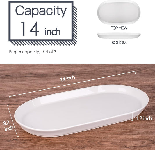 14" Oval Serving Platter - Ceramic Large Serving Platters, Oval Serving Plates For Entertaining, Party Serving Trays Oven Safe, Set of 3, White