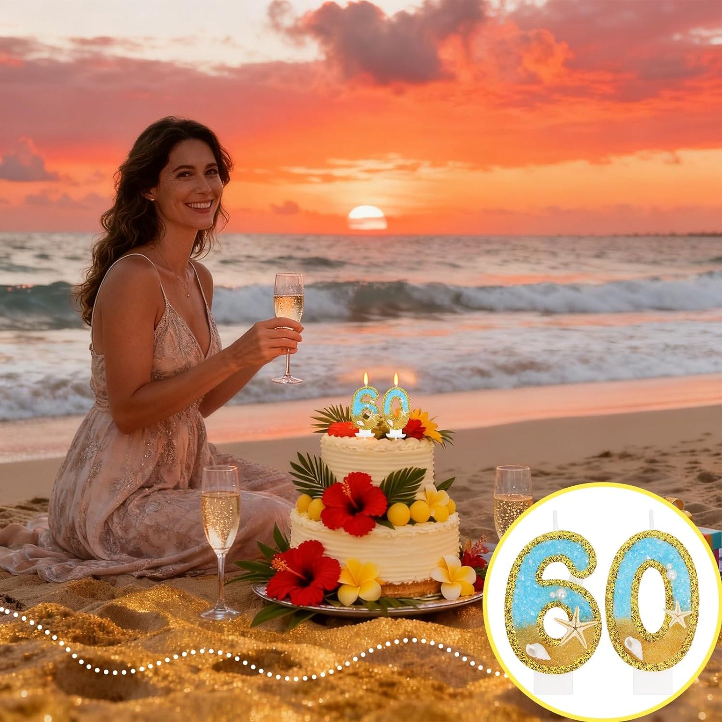 Ocean Number 60 Candle, Glitter Gold Beach Starfish Cake Topper, Tropical Ocean Princess Birthday Decorations for Party Supplies Wedding Anniversaries