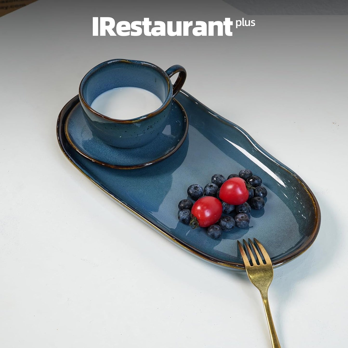 Organic Shape Restaurant Serving Tray 11.5 X 5.125", Commerical Grade Catering Stoneware Tray in Ir-regular Organic Shape, Chip & Scratch Resistant, Glossy Reactive Glaze Blue, Case of 12