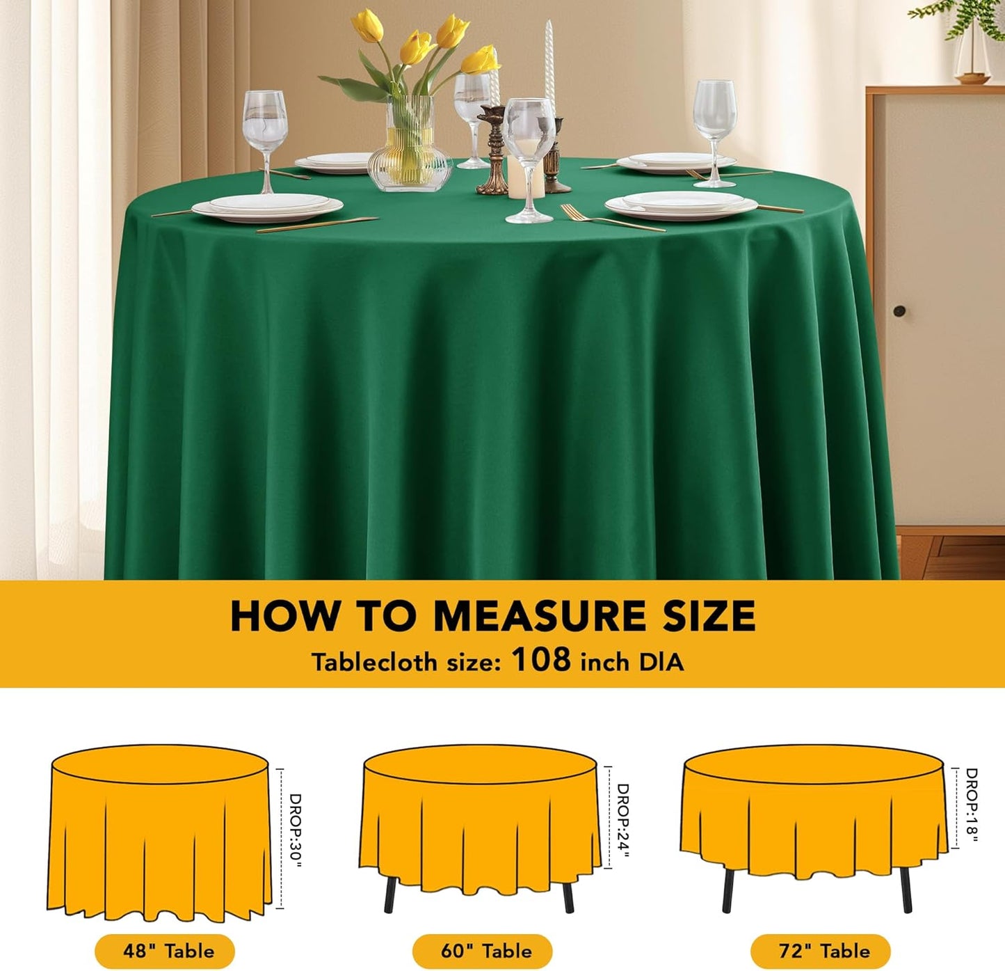 10-Pack Hunter Green Round Tablecloths, 108 Inches, Stain-Resistant Polyester for 4-5 Ft Round Tables - Washable Table Covers for Weddings, Banquets, Birthday Parties, Events
