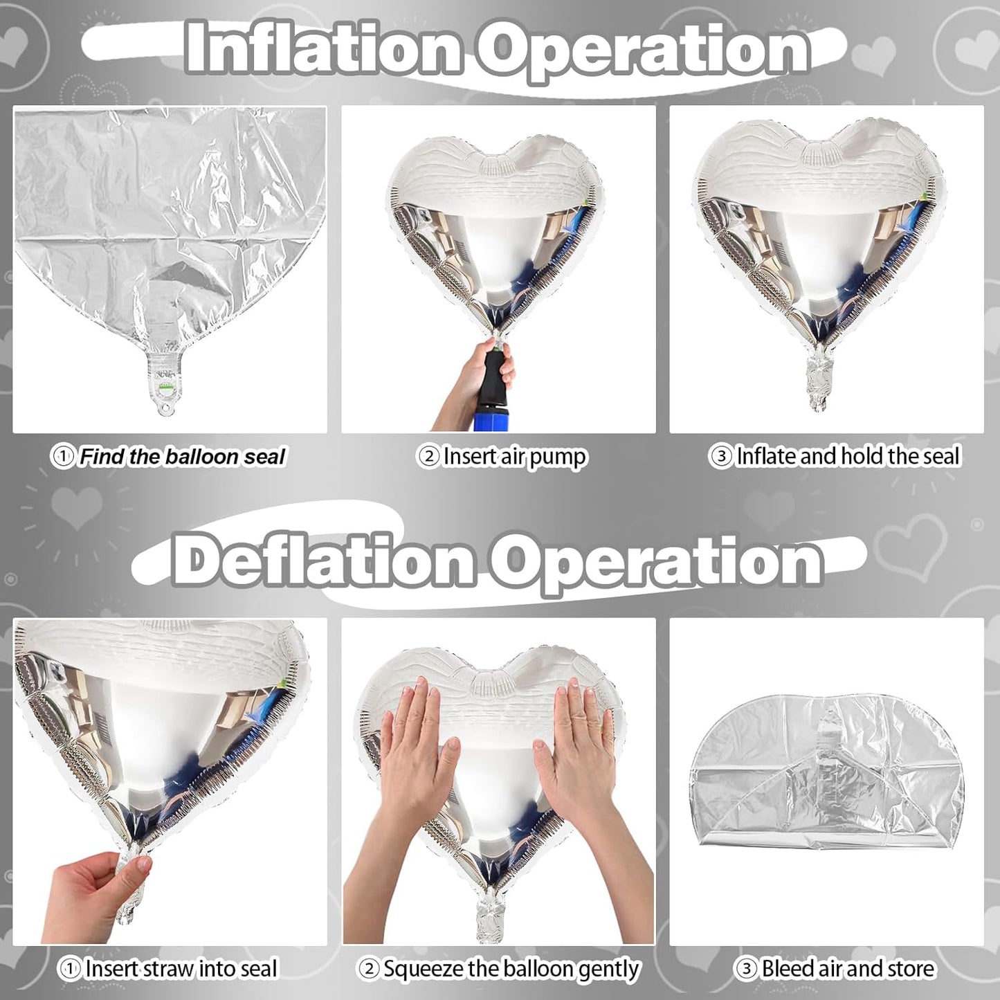 Silver Heart Foil Balloons, 10PCS 18Inch Mylar Balloons for Birthday, Valentine, Wedding, Baby, Graduation, New Year Party Decor