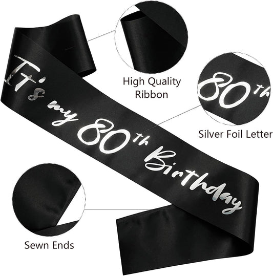 80th Birthday Sash, It's My 80th Birthday Sash Black Silver, 80 Birthday Decorations Gifts for Women Men Happy 80th Birthday Party Favor Supplies