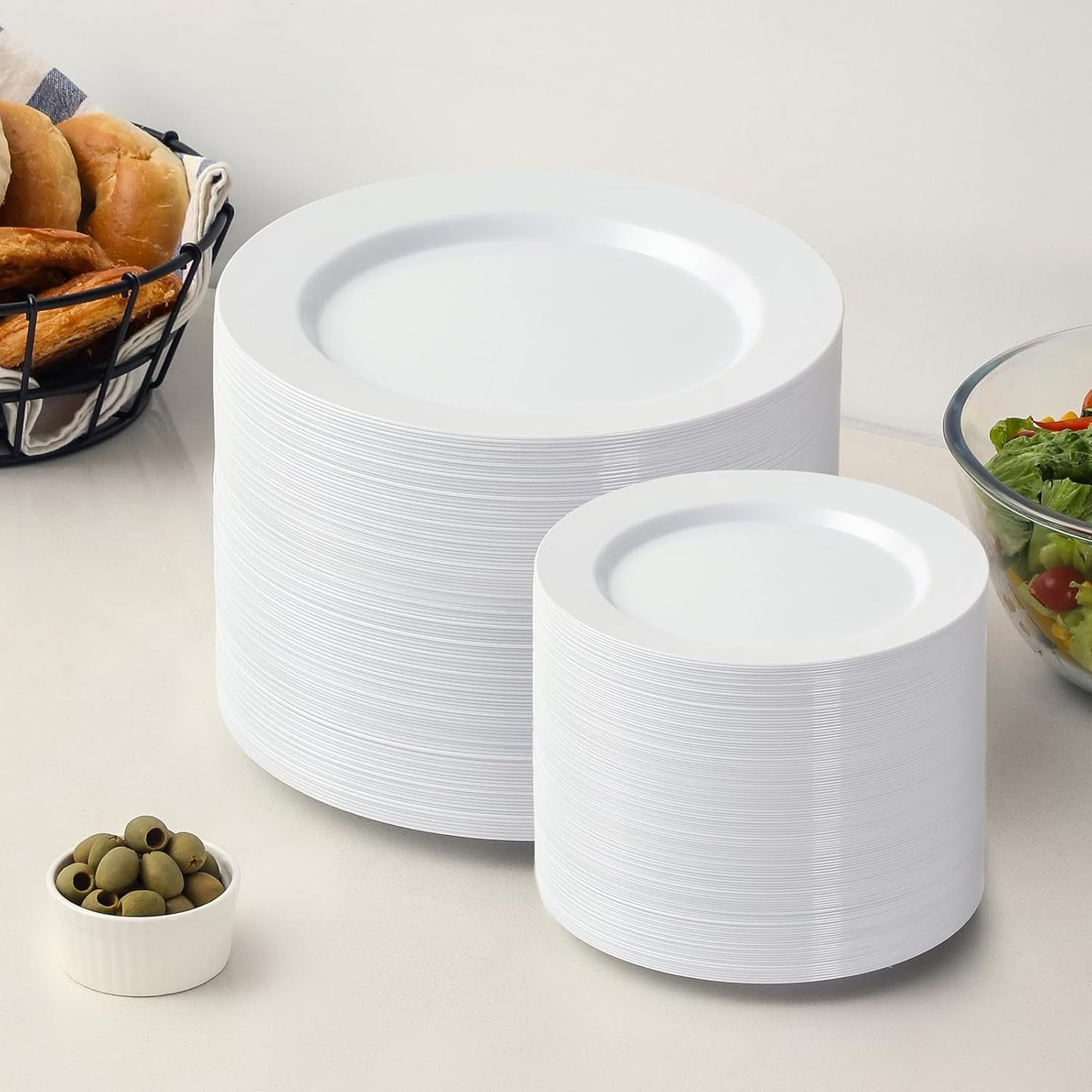 AOZITA 200pcs White Plastic Plates, Disposable Plates for Party, Heavy Duty Plastic Plates - 100 Dinner Plates and 100 Salad Plates, for Weddings, Parties and Events