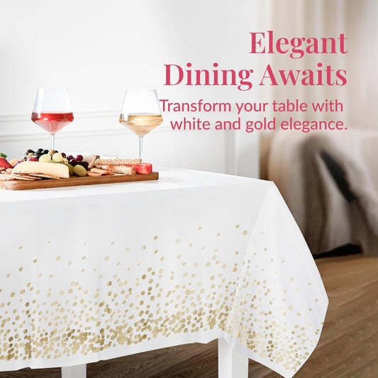 Prestee 12-Pack Disposable Tablecloth - Table Cover White and Gold Polka Dot Rectangular, 54x108 Inches - Waterproof, Stain-Resistant Party Table Covers for Weddings, BBQs, Birthdays, and Events