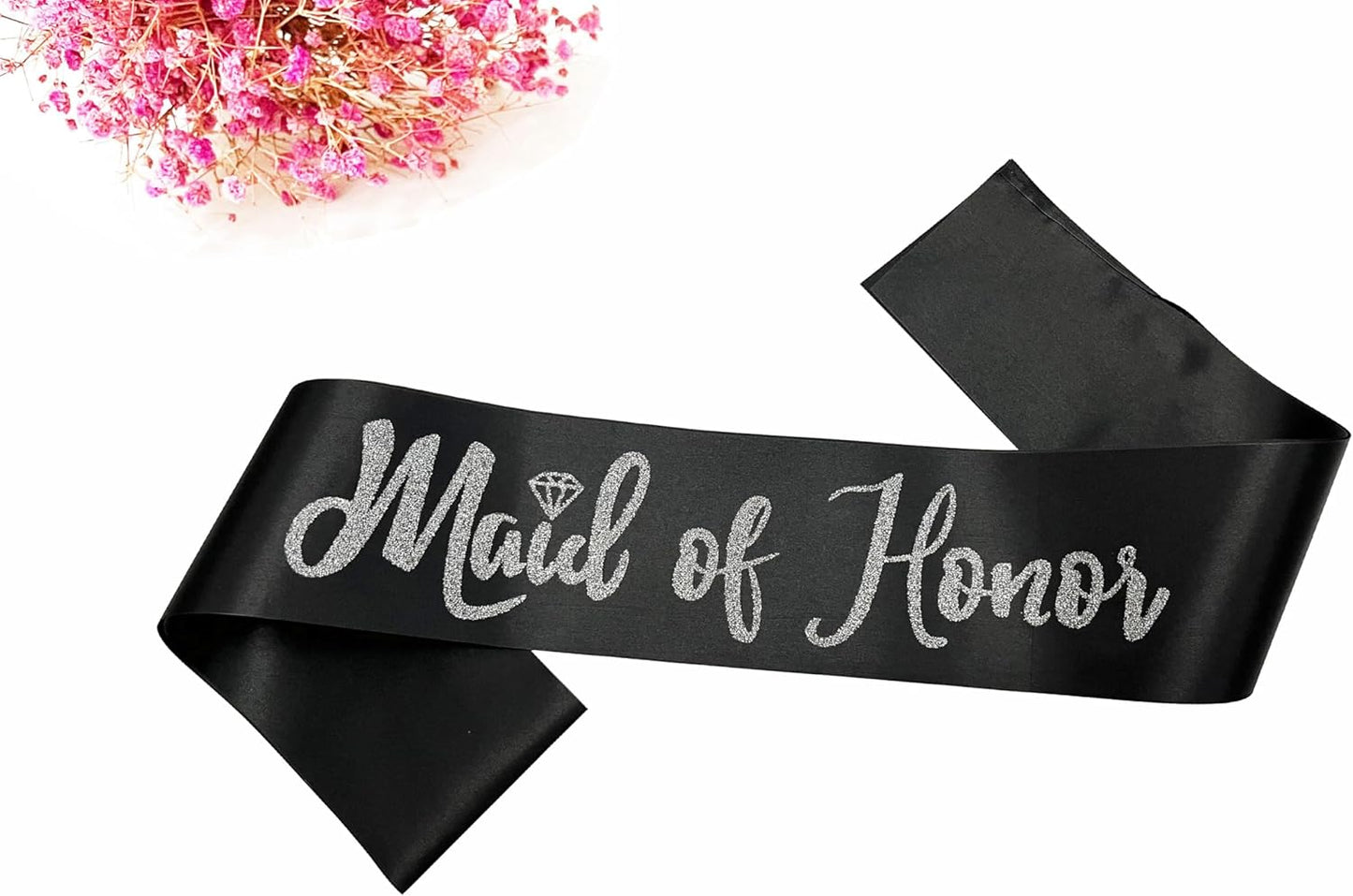 Maid of Honor Sash, Black Sash with Silver Glitter Letter Bachelorette Party Sash for Bridal Shower Wedding Party Accessories Supplies Engagement Gifts