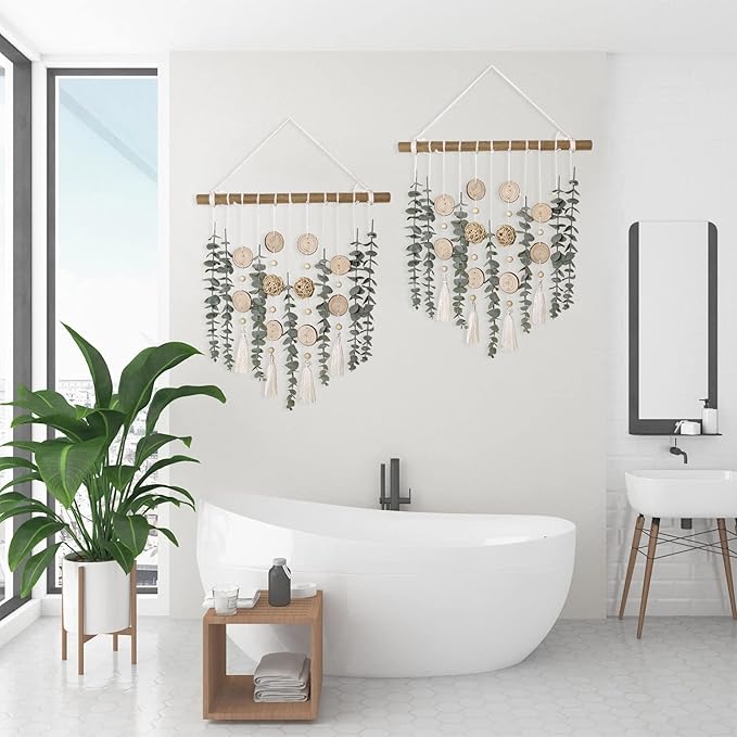Bathroom Decor Artificial Eucalyptus Greenery Hanging Wall Decor Faux Eucalyptus Leaves Hanging Plant on Wooden Stick with Wicker Ball Rustic Farmhouse for Bedroom Nursery Boho Wall Decorations