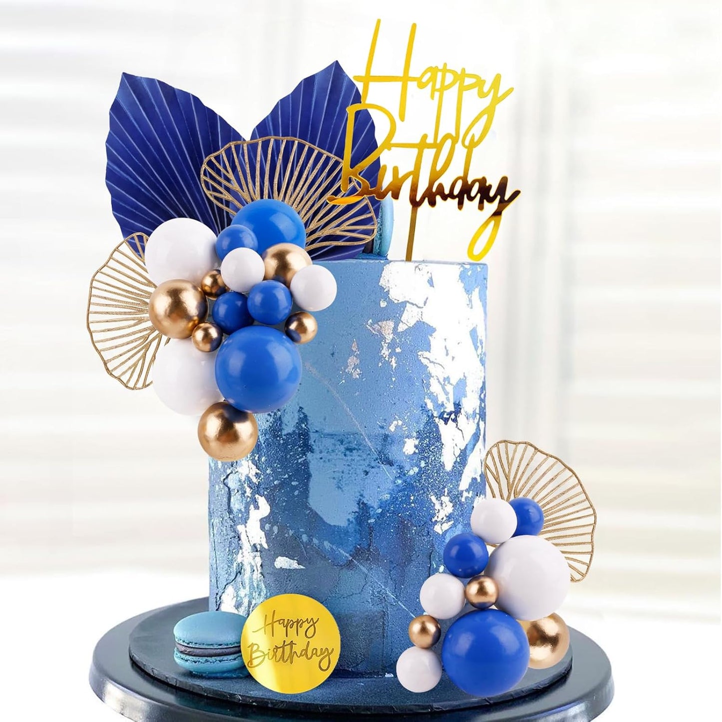 MEMOVAN Blue White Gold Ball Cake Toppers Balls Cupcake Toppers Foam Ball Shaped Cake Picks DIY Balloon Cake Insert Topper Ball Birthday Cake Decorations for Birth Boho Wedding Baby Shower Party