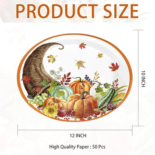 Grencian 50Pcs Thanksgiving Oval Paper Plates Thanksgiving Harvest Plates 10" X 12" Large Disposable Fall Pumpkin Cornucopia Platter Rustic Farmhouse Tableware for Autumn Harvest Party Decorations