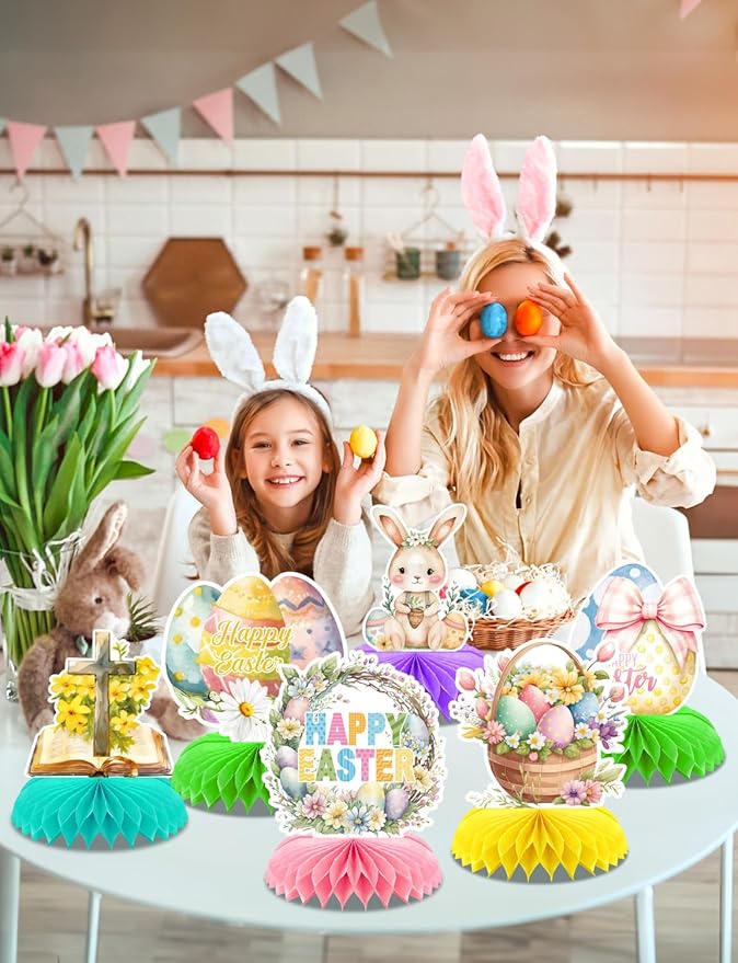 Easter Centerpieces for Tables Decorations, 9 Pcs Happy Easter Honeycomb Centerpieces, 3D Easter Bunny Egg Table Decoration for Easter Party Supplies, Spring Holiday Photo Prop