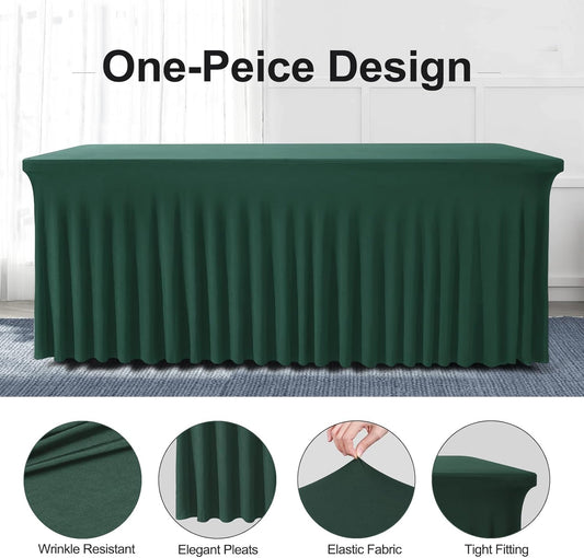 Table Skirts for Rectangle Tables 8ft - 2 Pack One-Piece Hunter Green Tablecloths and Skirt, Wrinkle Resistant Ruffles Elastic Cover for Banquets, Weddings, Events, Parties