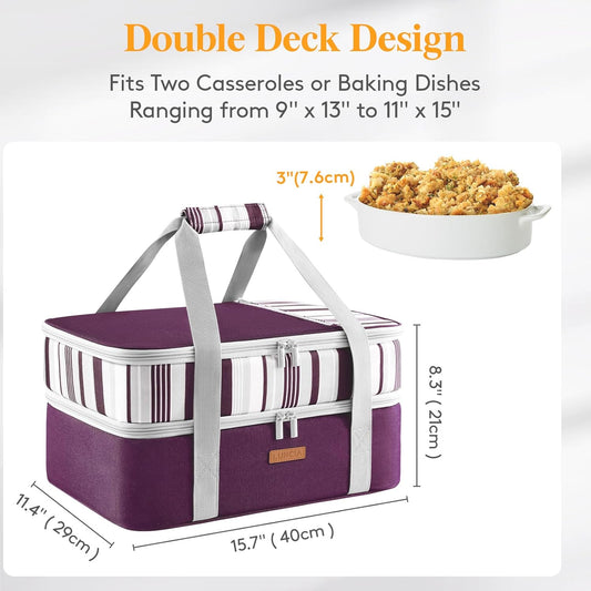 LUNCIA Double Decker Insulated Casserole Carrier for Hot or Cold Food, Lasagna Lugger Tote for Potluck Parties/Picnic/Cookouts, Fits 9"×13" Baking Dish, Purple