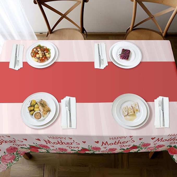 Childom 2 Pack Mothers Day Tablecloth,Mother's Day Party Decorations,54" x 108" Plastic Disposable Tablecloths for Rectangle,Plastic Table Covers for Mom Birthday Party Supplies Holiday Buffet Table