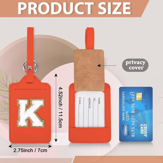 Personalized Initial Luggage Tags for Suitcases, Leather Chenille Letter Cute Luggage Tags with Privacy Name Card, Embroidered Travel Bag Backpack Tags Gifts for Women Kids Girls Teens(Orange-K)