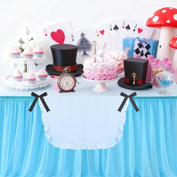 5 Pcs Wonderland Party Decorations Wonderland Table Cloth Blue Mesh Table Group, White Tablecloth Black Bow for Tea Party Celebrations Hatter Birthday Mother's Day