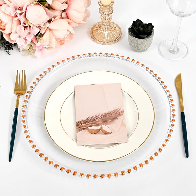24 PCS Clear Round Charger Plates with Beaded Rim, 13 Inch Plastic Acrylic Plate, Plastic Round Beaded Dinner Decorative Service Plates for Wedding Party Event, Home Kitchen Tabletop(Orange)