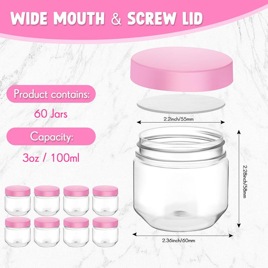 Tanlade 60 Pcs 3 oz Clear Plastic Jars with Lids Wide Mouth Mason Jars Mini Storage Containers Bulk for Herb Jelly Wedding Valentine Favors Shower Party Favors(Pink)