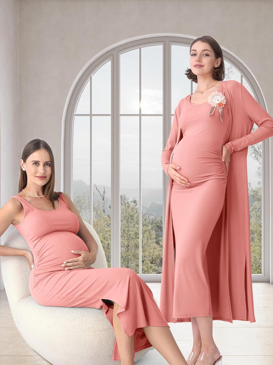 Rnxrbb 2 PCS Fall Winter Maternity Dress Cardigan Set Long Bodycon Maxi Formal Dresses Boho Baby Shower for Women