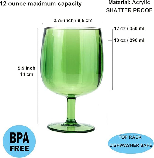 KOXIN-KARLU Classic Stackable 12 ounce Plastic Wine Stems Acrylic Glasses, set of 6 Green