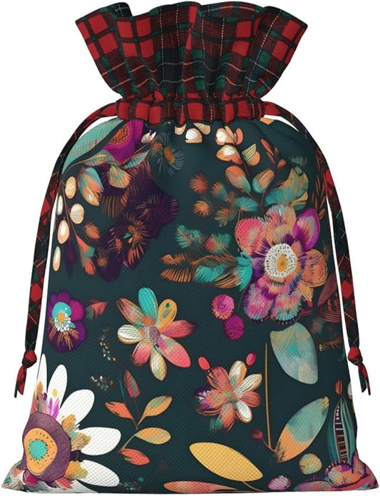 PULaif Colorful Boho Floral Christmas Drawstring Gift Bags, Large Size Christmas Bags For Gifts Party Favors, Xmas Gift Bags