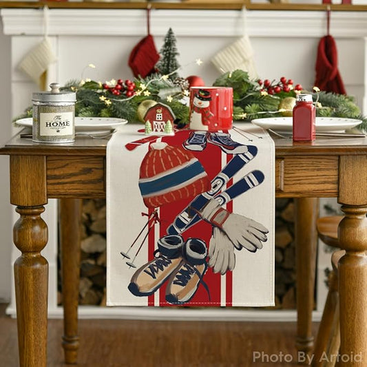 Artoid Mode Red Sleigh Snowboarding Christmas Table Runner, Seasonal Winter Holiday Kitchen Dining Table Decoration for Indoor Outdoor Home Party Decor 13 x 120 Inch