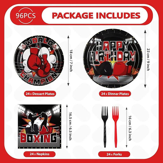 Grencian 96Pcs Boxing Birthday Party Supplies World Champion Plates and Napkins Fight Sports Wrestling Tableware Set for Boxing Birthday Party Supplies Serves 24