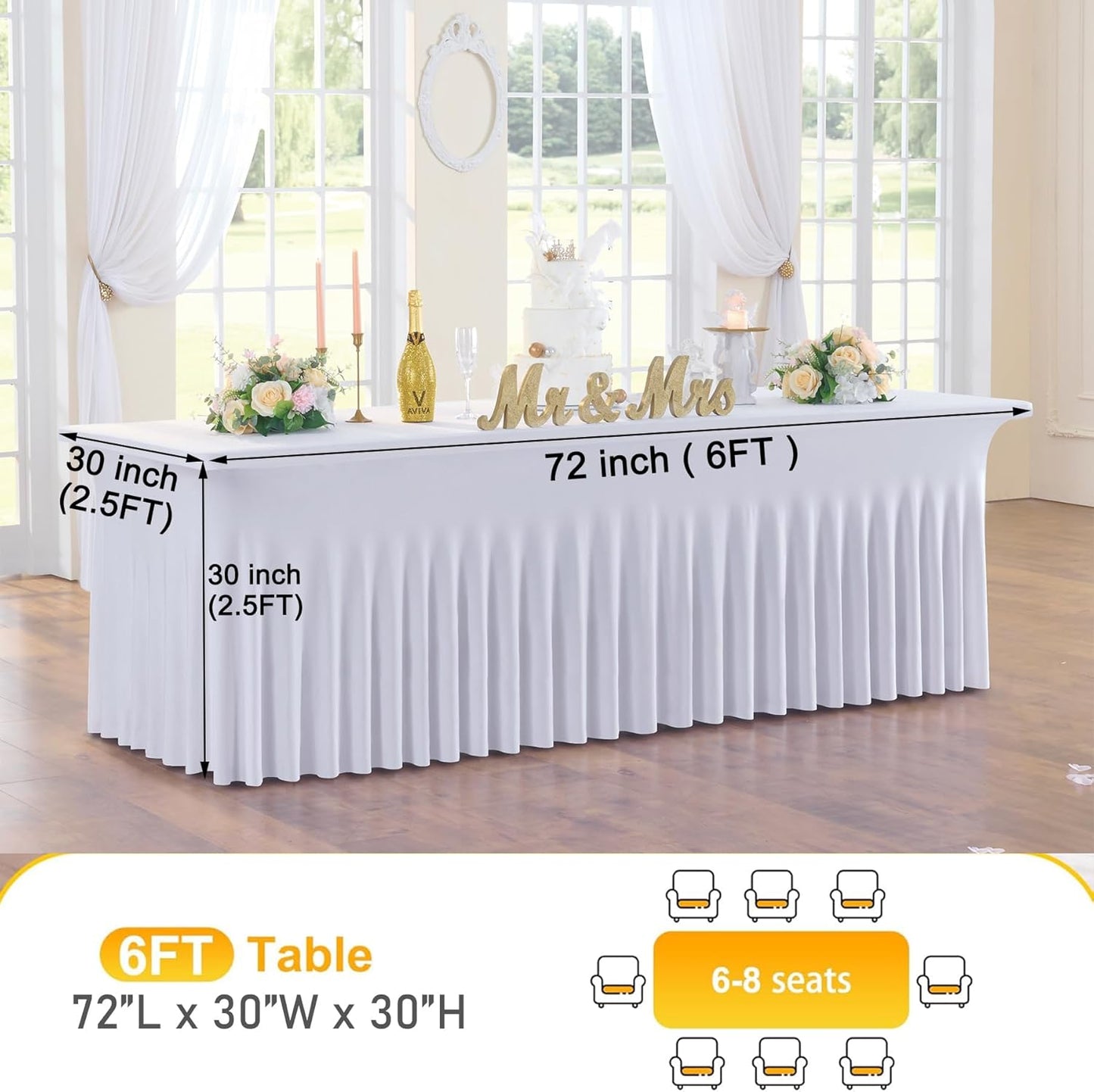 10pk White Spandex Tablecloths 6ft for Rectangle Tables, Wrinkle Free Classy Table Skirt Stretchy Fitted Table Cloths Covers 6 Foot for Weddings Birthday Party Events Banquette Baby Shower