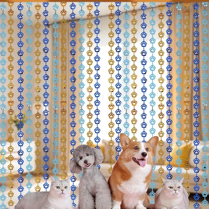 Blue Orange Party Decorations - 2 Packs Dog Paw Foil Fringe Streamers Curtains for Boys Girls Birthday Backdrop Decorations, Photo Booth Prop (3.3x6.6 ft)
