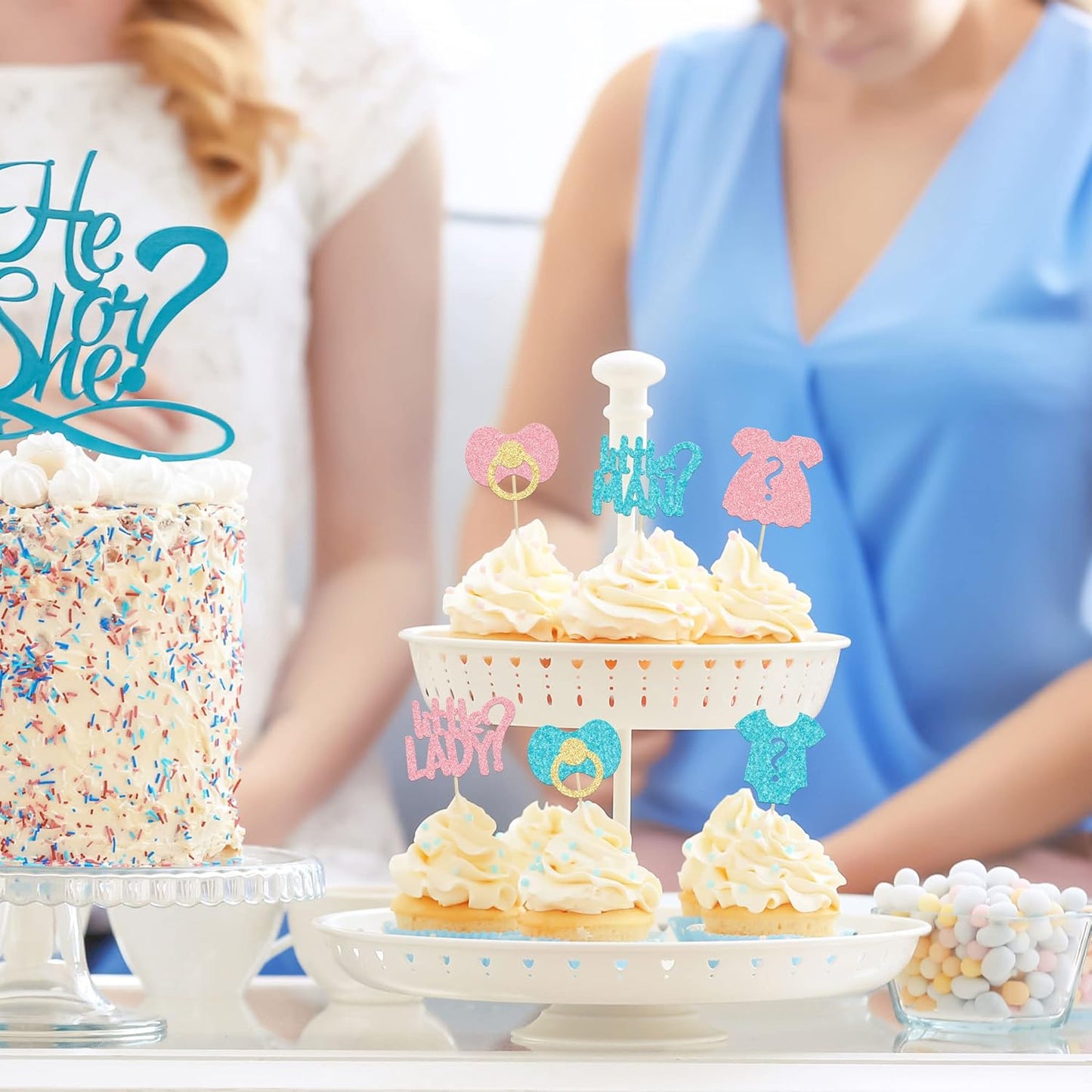 24Pcs Boy or Girl Cupcake Toppers Glitter Gender Reveal Onesie Question Mark Cupcake Picks Little Man or Little Lady Baby Shower Cake Decorations for Kids Birthday Gender Reveal Party Cake Decoration