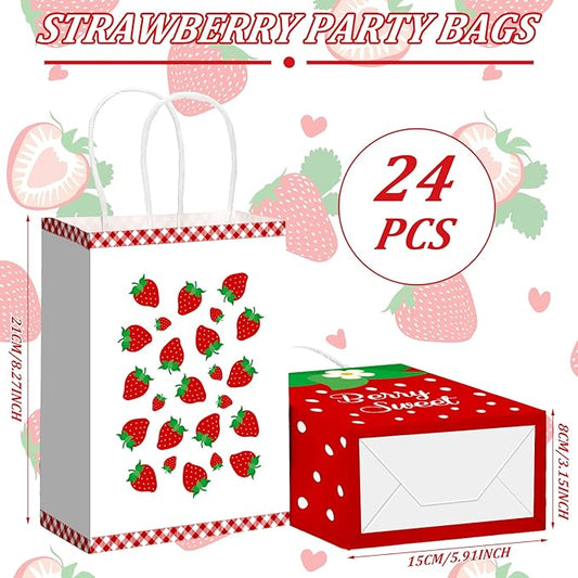 Outus 24 Pcs Strawberry Party Favor Bags Summer Strawberry Gift Goodie Paper Bags with Handles Red Berry Sweet Candy Treat Pouch for Berry First Birthday Party Decorations Supplies