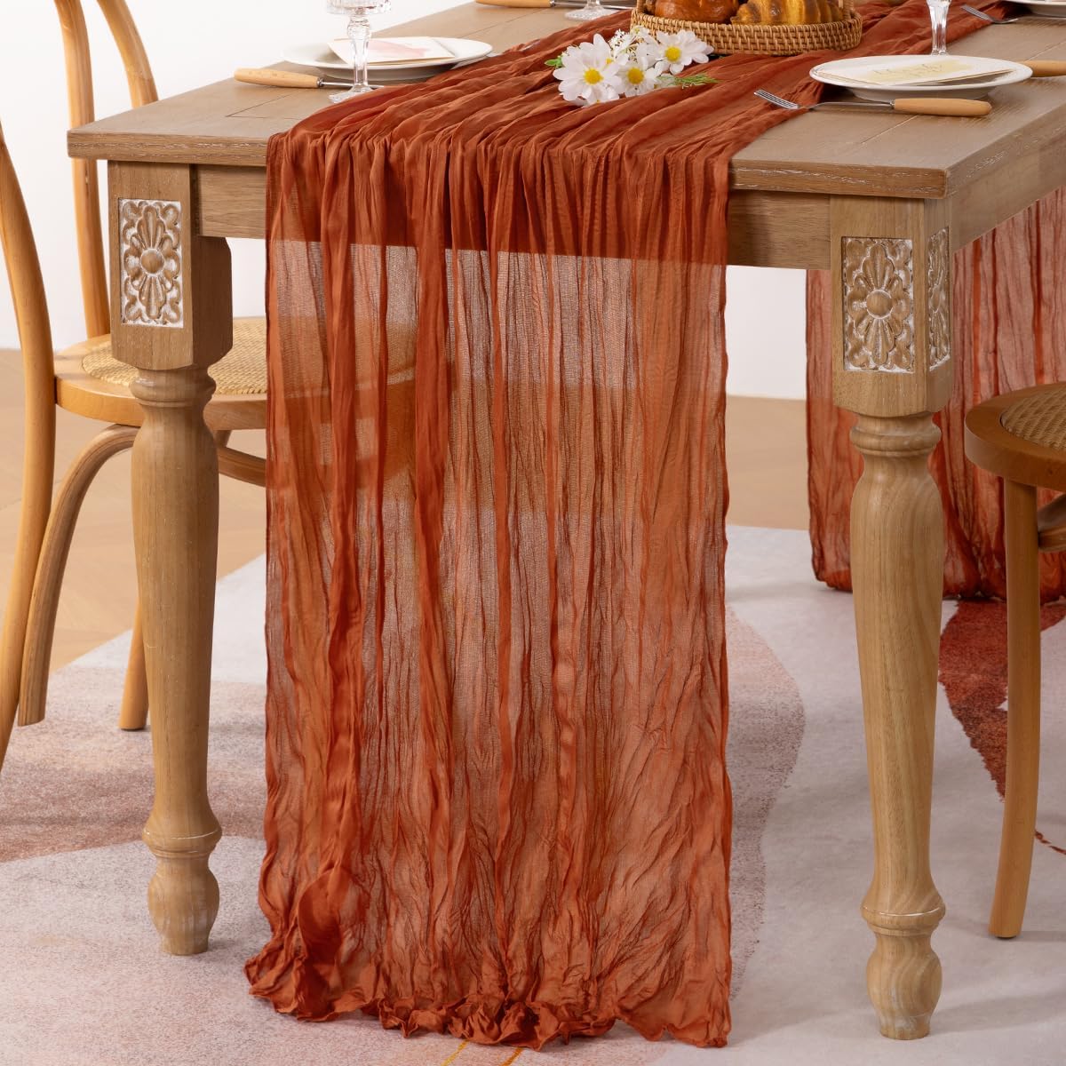 MLMC 3 Pack Terracotta Fall Thanksgiving Table Runner 10ft Rustic Burnt Orange Cheesecloth Table Runner 120 inch Boho Cheese Cloth Centerpiece for Wedding Bridal Shower Pinic Fall Decor
