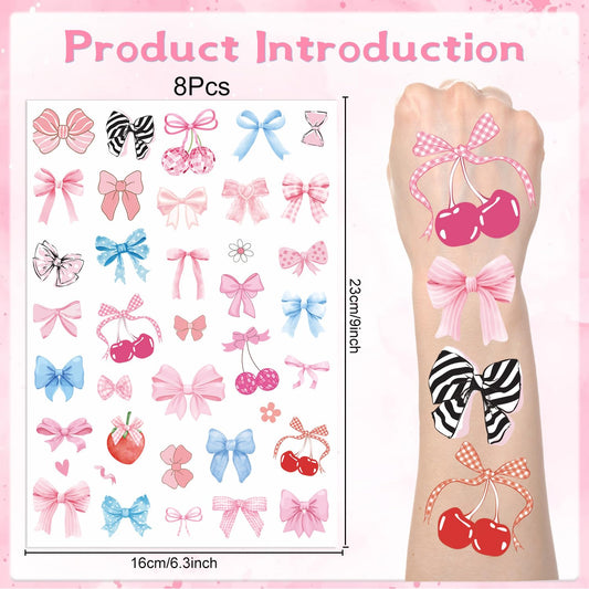 Bows Temporary Tattoos Stickers - 200+ Coquete Birthday Decorations Cute Bow Cherry Ribbon Fake Tattoos Stickers Gift Theme Party Favors Supplies Body Art for Girls Prizes Classroom