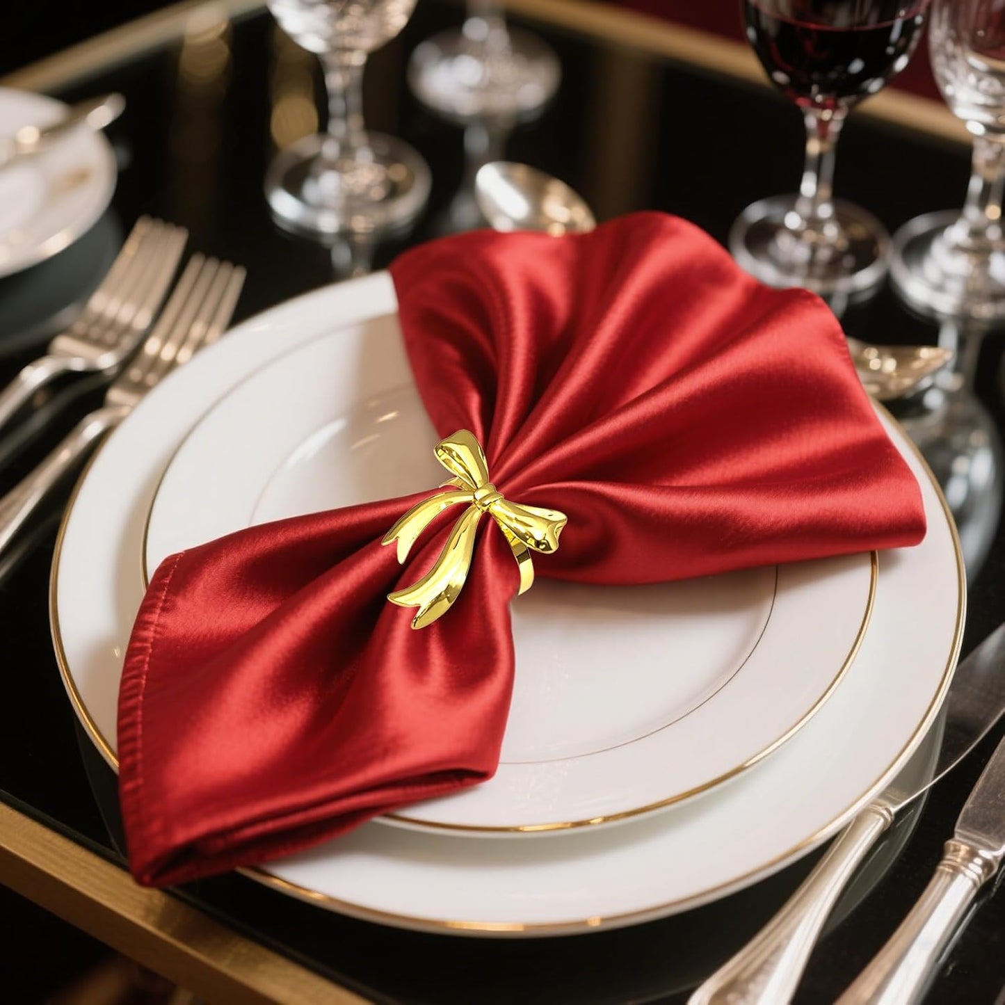 Gold Bow Napkin Rings Set of 12 Christmas Bow Tie Napkin Rings for New Year Valentine's Day Xams Wedding,Shiny Metal Bow Knot Napkin Ring Holders for Birthday Family Dinner Daily Table Decor