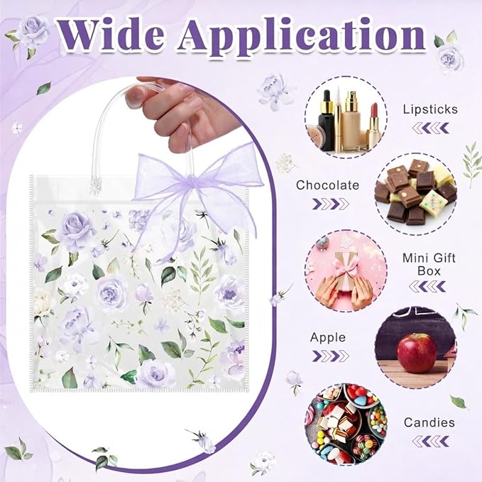 Wesnoy 24 Pcs Clear Floral Gift Bags with Handles Rose Purple Flower PVC Treat Tote Bag for Tea Birthday Party Wedding Bridal Shower Bachelorette Anniversary Engagement Guests, 7.8 x 7.8 x 3.2 Inch