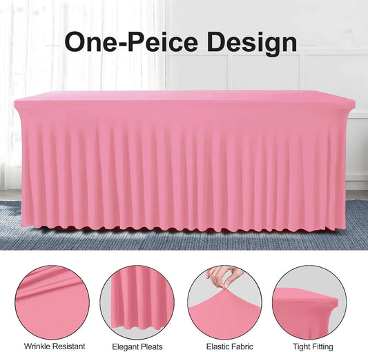 Table Skirts for Rectangle Tables 6ft - 2 Pack One-Piece Pink Tablecloths and Skirt, Wrinkle Resistant Ruffles Elastic Cover for Banquets, Weddings, Events, Parties