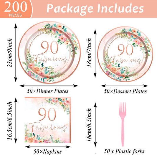50 Guests 90th Party Decorations Plates Napkins Rose Gold Party Tableware Set Fabulous Party Supplies Women 90th Birthday Floral Paper Plates Napkins 200PCS