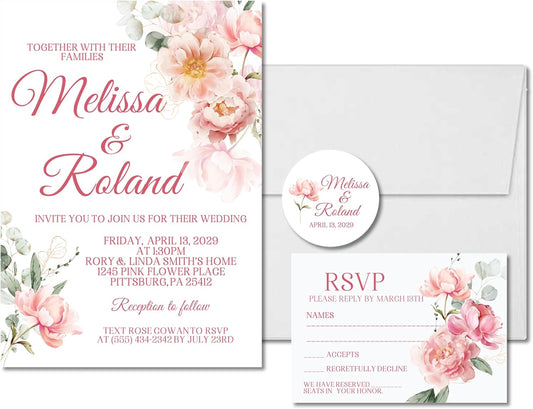 Pink & Peach Floral Wedding Invitations, Garden Design, Personalized, Set of 12 Invitations with Envelopes
