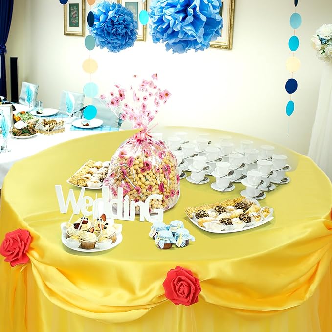 Rose Beauty Princess Party Tablecloth Golden Yellow Tulle Table Skirt 30 x 108 Inch Rose Beauty Cartoon Themed Tables Cover for Princess Birthday Party Decor Supplies