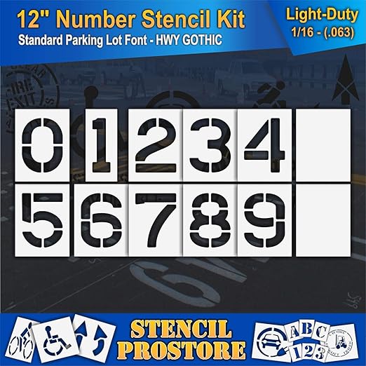 Pavement Stencils - 12 inch Number KIT Stencil Set - (12 Piece) - 12" x 9" x 1/16" (63 mil) - Light-Duty