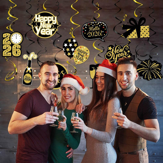 Happy New-Year’s Eve Party-Decoration Banner Garland - 16pcs Black Gold 2026 Swirl Streamers Banner, Nye Kids Hanging Supplies Decor Lasting Surprise