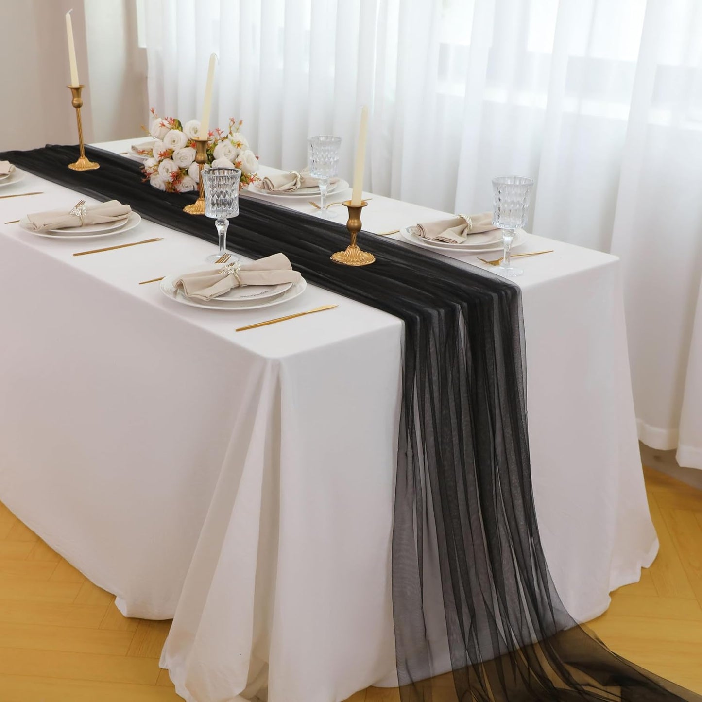 Snowkingdom Black Table Runner, 10FT Sheer Tulle Cheesecloth Gauze Runner 120 Inch, Boho Table Centerpieces Decoration for Wedding Baby Bridal Shower Birthday Halloween Holiday Party