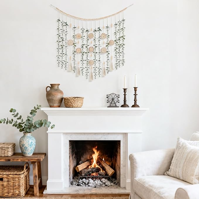 Dahey Hanging Artificial Plant Eucalyptus Wall Decor 43'' Wooden Bead Garland with Fake Greenery Leaves Boho Rustic Farmhouse Wall Art for Living Dining Room Bathroom Bedroom Kitchen Decoration
