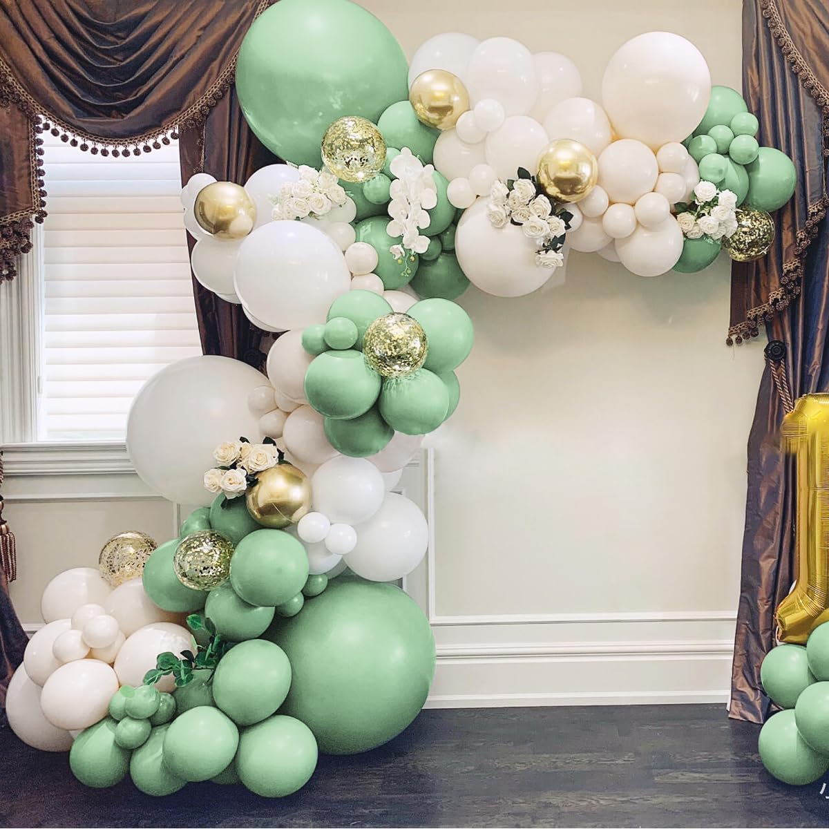 Green White Gold Balloon Garland Arch Kit, 160Pcs Latex Balloons Different Size Balloons 18 12 10 5 inch for Birthday Baby Shower Wedding Bridal Shower Party Decorations