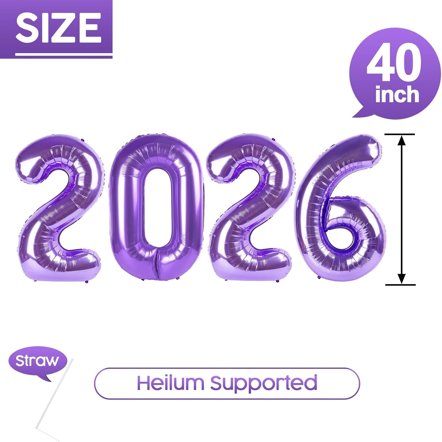 2026 Balloon - 2 Pack Purple Birthday Number Balloons, 40 Inch Large Foil Balloons for Men Women Boys Girls Purple Themed Birthday Decorations,Number 2026 Balloon