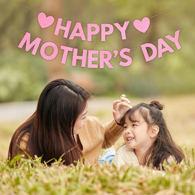 Happy Mother's Day Banner Set Decoration for Mother's Day Party Decorations Backdrop Garland for Mom Mother's Day Glitter Garland Photo Props (Pink Letter)