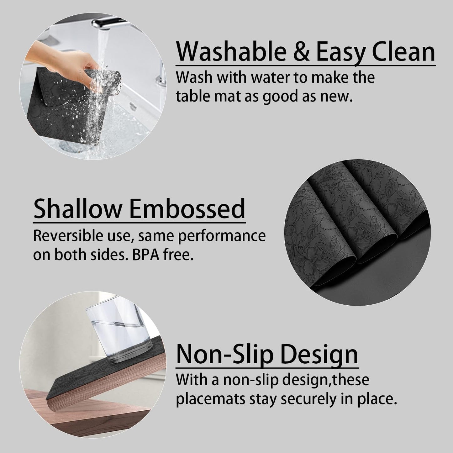 17" ร 12" Faux Leather Placemats Set of 6, Black, Washable, Wipeable & Heat-Resistant Table Mats, Waterproof & Anti-Slip Dining Place Mats with Shallow Embossed Texture for Kitchen & Dining & Outdoor