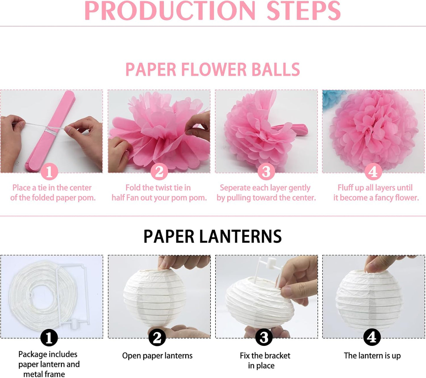15pcs Party-Decorations Paper-Flowers Lanterns Party Pack and Pom Pom Balls Hanging Decoration for Wedding Birthday Baby Shower-Bachelorette Bridal Wedding Engagement Supplies Decor