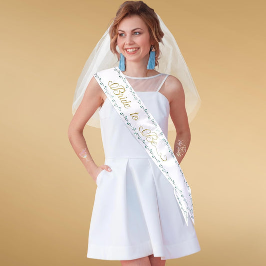 Luxury Bride to Be Sash Set – Embroidered Sash with Colored Trim, Embroidered Veil & Temporary Tattoos – Bridal Shower Hen Night Bachelorette Party Accessories